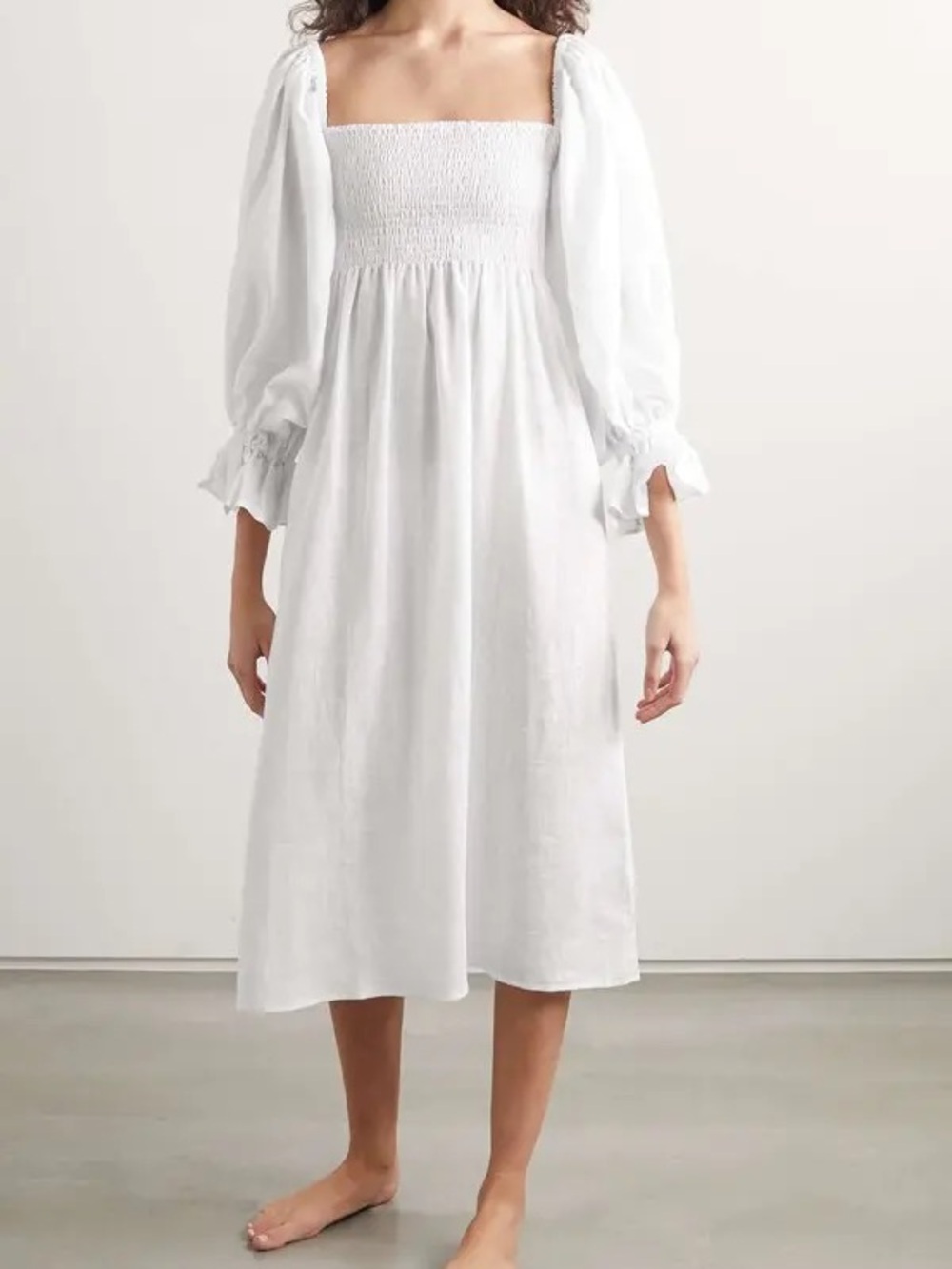 Sleeper White Smocked Bodice Puff Sleeve Midi Dress